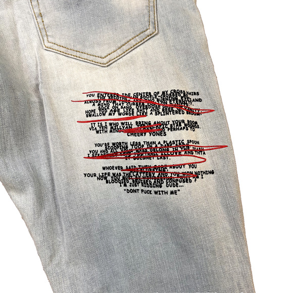 Crysp Denim Jeans Men’s 30 Blue Skinny Distressed Graphic Script Streetwear - Picture 11 of 16